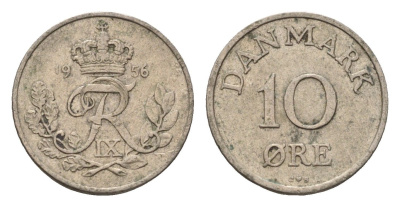 Дания 10 эре 1956 N; S, Фредерик IX (1947-1972) KM 841 медно-никель 4611-621