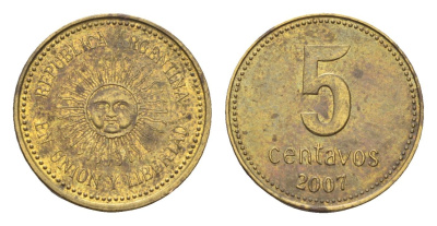 Аргентина 5 сентаво 2007 KM 109b сталь плакированная латунью 4664-542