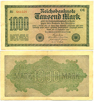 ГЕРМАНИЯ 1000 МАРОК 1922 15 СЕНТЯБРЯ 1922, ВОДЯНОЙ ЗНАК I, ЖЕЛТАЯ БУМАГА, СЕРИЯ OE Pick 76b, Rosenberg 75d бумага 7548-54-1