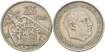 ИСПАНИЯ 25 ПЕСЕТ 1957 (67) ФРАНСИСКО ФРАНКО ДИКТАТОР ИСПАНИИ ( 1939- 1975) KM 787 медно-никель 216-712