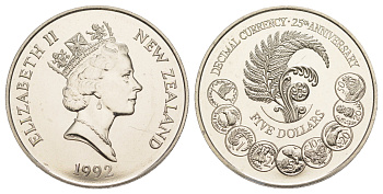 Новая Зеландия 5 долларов 1992 25 лет десятичной системе валюты KM 82 медно-никель BU 1085-8-32
