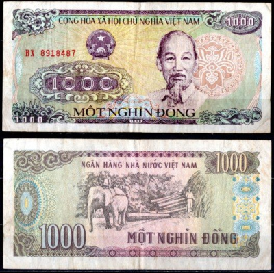 Вьетнам 1000 донг 1988 Слон, лесозаготовка Pick 106 a бумага 6293-1-4-2