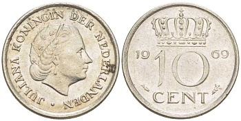 Нидерланды 10 центов 1969 Юлиана (1948-1980) KM 182 никель 214-1238