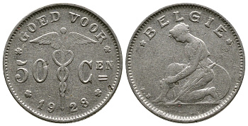 БЕЛЬГИЯ 50 САНТИМОВ 1928 BELGIE KM 88 никель 93-1017