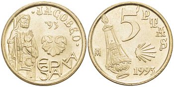 ИСПАНИЯ 5 ПЕСЕТ 1993 СВЯТОЙ ЯКОБ(JACOBEO), ХУАН КАРЛОС I (1975-) KM 919 никель латунь 214-124