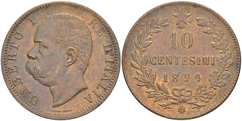Италия 10 чентезимо 1894 B/I, Умберто I (1878-1900) KM 27.1 медь 4526-1033