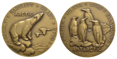 США медаль общества медалистов 24-го выпуска "Арктика-Антарктика" 1941 Medallic Art Company из Нью-Йорка, медальер Эрвин Фредерик Спрингвайлер, тираж - 999 экземпляров, диаметр 73 мм, вес 176 гр 11-021-13-2