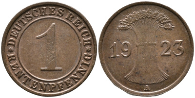 ГЕРМАНИЯ 1 РЕНТЕНПФЕННИГ 1923 A, РАСКОЛ ШТЕМПЕЛЯ KM 30, J. 306 бронза 100-618