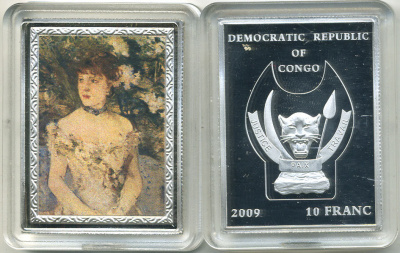 Конго 10 франков 2009 серия шедевры мировой живописи, БЕРТА МОРИЗО, МОЛОДАЯ ЖЕНЩИНА В БАЛЬНОМ ПЛАТЬЕ, серебрение, размер 35Х46 мм., цветная эмаль медно-никель PROOF M43-4