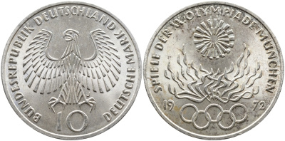 ФРГ 10 марок 1972 J, XX летние Олимпийские игры 1972 года в Мюнхене, олимпийский огонь KM 135, J.405 серебро 1524-843