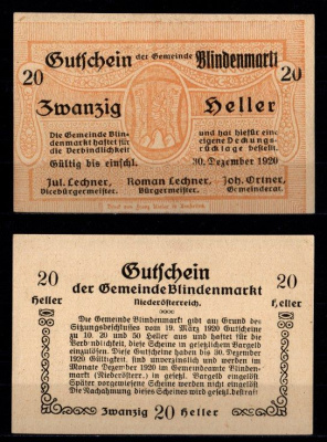 Австрия, Блинденмаркт 20 геллеров 1920 Jaksc/Pick JPR0093d-20 бумага UNC (пресс) 2193-17-1-2