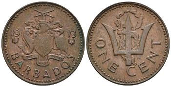 Барбадос 1 цент 1973 сломанный трезубец Британии KM 10 бронза 220-922