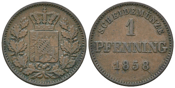 Бавария 1 пфенниг 1858 Максимилиан II (1848-1864) KM 471, AKS 161, Jaeger 91 медь 54-818