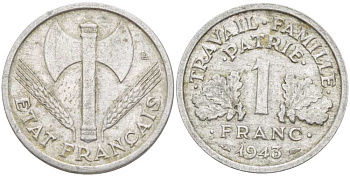 ФРАНЦИЯ 1 ФРАНК 1943 LB, ТИП LEGERE, ПРАВИТЕЛЬСТВО ВИШИ KM 902.1, LE FRANC 223.3 алюминий 212-923