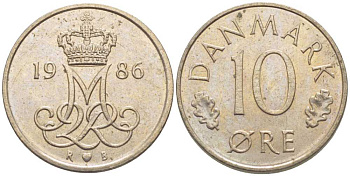 Дания 10 эре 1986 R; B, Маргрете  II (1972-2024) KM 860.3 медно-никель 116-257