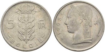 БЕЛЬГИЯ 5 ФРАНКОВ 1965 BELGIE, БОДУЭН I (1951-1993) KM 135.1 медно-никель 119-811