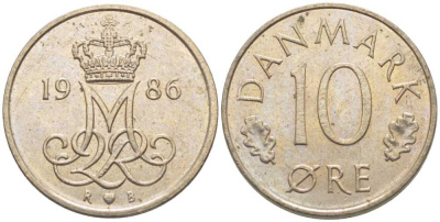 Дания 10 эре 1986 R; B, Маргрете  II (1972-2024) KM 860.3 медно-никель 116-257