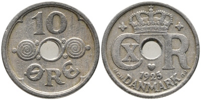 ДАНИЯ 10 ЭРЕ 1925 HCN; GJ, КРИСТИАН X (1912-1947) KM 822.1 медно-никель 100-717