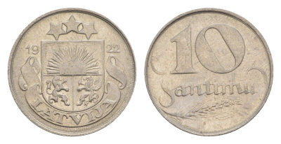Латвия 10 сантимов 1922 год-тип KM 4 никель 4658-1217