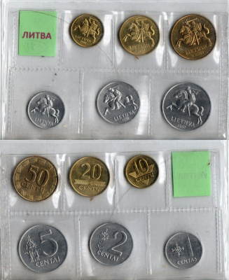 Литва набор из 6 монет (1, 2, 5, 10, 20 и 50 сантимов) 1991, 2000, 2009 и 2010 KM 85, 86, 87, 106, 107 и 108 никель латунь UNC 1-5-2-52