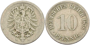 ГЕРМАНИЯ 10 ПФЕННИГОВ 1876 D, СТАРОГЕРБОВКА KM 4, J. 4 медно-никель 4401-317