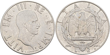 ИТАЛИЯ 2 ЛИРЫ 1939 R, ГОД XVIII, ВИКТОР ЭММАНУИЛ III (1900-1946), немагнитная, ГУРТ РИФЛЁНЫЙ KM78a, VEM3. 1153 a) нержавеющая сталь 3855-235