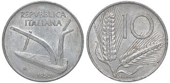 Италия 10 лир 1953 R, плуг, колосья KM 93 алюминий 4163-352