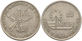 Куба 25 сентаво 1989 туристические деньги, INTUR, цифры номинала маленькие KM 418.2 медно-никель 67-1143