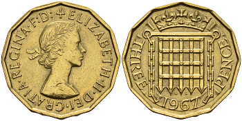 Великобритания 3 пенса 1967 Елизавета II (1952-2022) KM 900, Spink 4153 никель латунь  4153-334