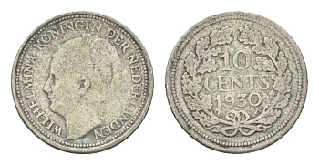Нидерланды 10 центов 1930 Вильгельмина I (1890-1948) KM 163 серебро 4659-1152
