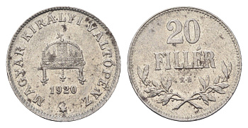 Венгрия 20 филлеров 1920 КВ, Карл I (1916-1918), редкий год KM 498 железо UNC 413-715
