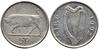 ИРЛАНДИЯ 5 ПЕНСОВ 1992 БЫК KM 28 медно-никель 4396-515