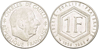 ФРАНЦИЯ 1 ФРАНК 1988 ШАРЛЬ ДЕ ГОЛЬ, 30 ЛЕТ РЕСПУБЛИКЕ (1958-1988) KM 963, LE FRANC 227.2 никель 4519-837