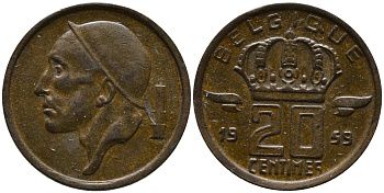 Бельгия 20 сантимов 1959 Belgique, Бодуэн I (1951-1993) KM 146 бронза 99-368