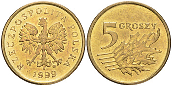 Польша 5 грошей 1999 MW KM 278, Parchimowicz 703f латунь UNC 4516-1237