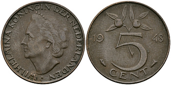 НИДЕРЛАНДЫ 5 ЦЕНТОВ 1948 ВИЛЬГЕЛЬМИНА KM 176 бронза 95-217