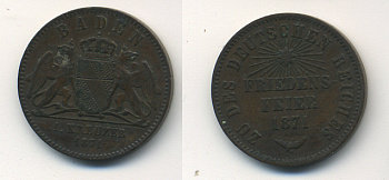 Баден 1 крейцер 1871 победа в войне с Францией KM 252, Wielandt 1134, AKS 141, J. 88 медь 36-1236