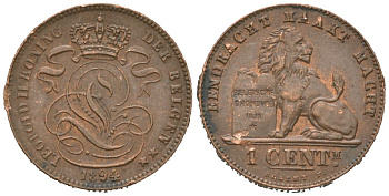 Бельгия 1 сантим 1894 Belgen, Леопольд II (1865-1909) KM 34.1 медь aUNC 4621-641