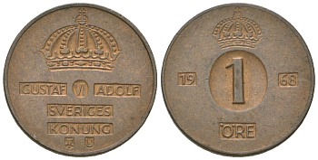 Швеция 1 эре 1968 U, Густав VI Адольф (1950-1973) KM 820 бронза aUNC 4617-1149