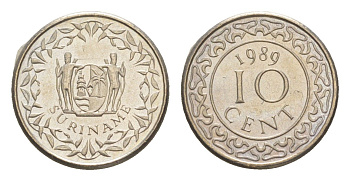 Суринам 10 центов 1989 KM 13a медно-никель UNC 4613-332