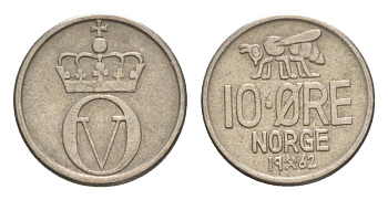 Норвегия 10 эре 1962 Улаф V (1957-1991) KM 411 медно-никель 4632-1148