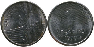 Бразилия 1 крузейро 1979 KM 590, Schon 99 нержавеющая сталь aUNC 4567-969