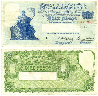 АРГЕНТИНА 10 ПЕСО 1940 ГОЛУБАЯ БУМАГА, СЕРИЯ D, НОМЕР 70571 Pick 253a бумага 7485-25-1