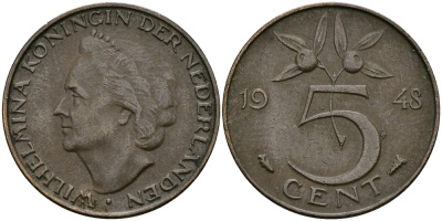 НИДЕРЛАНДЫ 5 ЦЕНТОВ 1948 ВИЛЬГЕЛЬМИНА KM 176 бронза 95-217