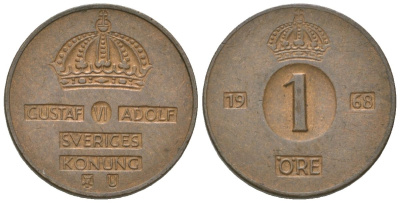 Швеция 1 эре 1968 U, Густав VI Адольф (1950-1973) KM 820 бронза aUNC 4617-1149