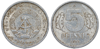 ГДР 5 ПФЕННИГОВ 1983 A КМ 9.2 алюминий 62-524