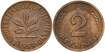 ФРГ 2 пфеннига 1959 J J.381  KM 106 бронза    4598-653