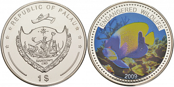 Палау 1 доллар 2009 серия вымирающие виды, рыба ангел, цветная эмаль KM 283 медно-никель PROOF 1081-1-31