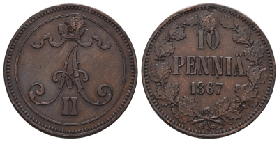 Россия для Финляндии 10 пенни 1867 Александр II (1855-1881) Биткин 653 медь 4590-1025