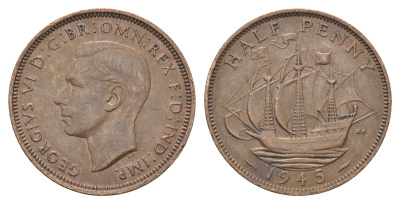 Великобритания 1/2 пенни 1945 Георг VI (1936-1952) KM 844, Spink 4115 бронза    4660-622